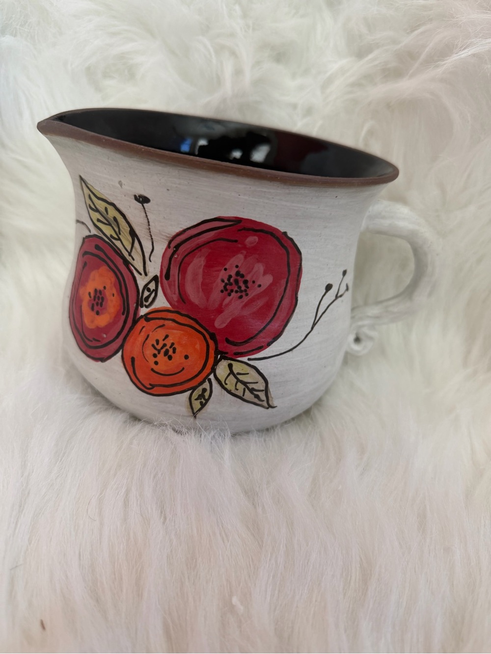 Handpainted Ceramic Pitcher with Red & Orange Floral Design